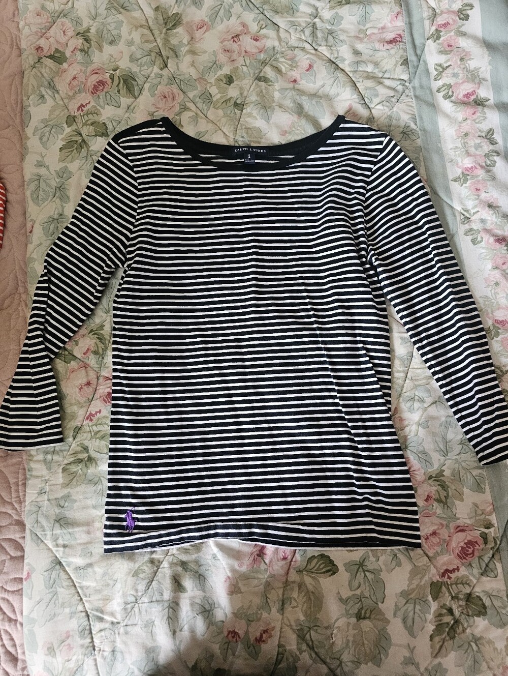 Ralph Lauren Black and White Striped 3/4-Sleeve Tee